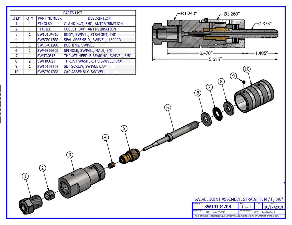 Swivel Joint Assembly, Straight, M / F, 3/8&quot;